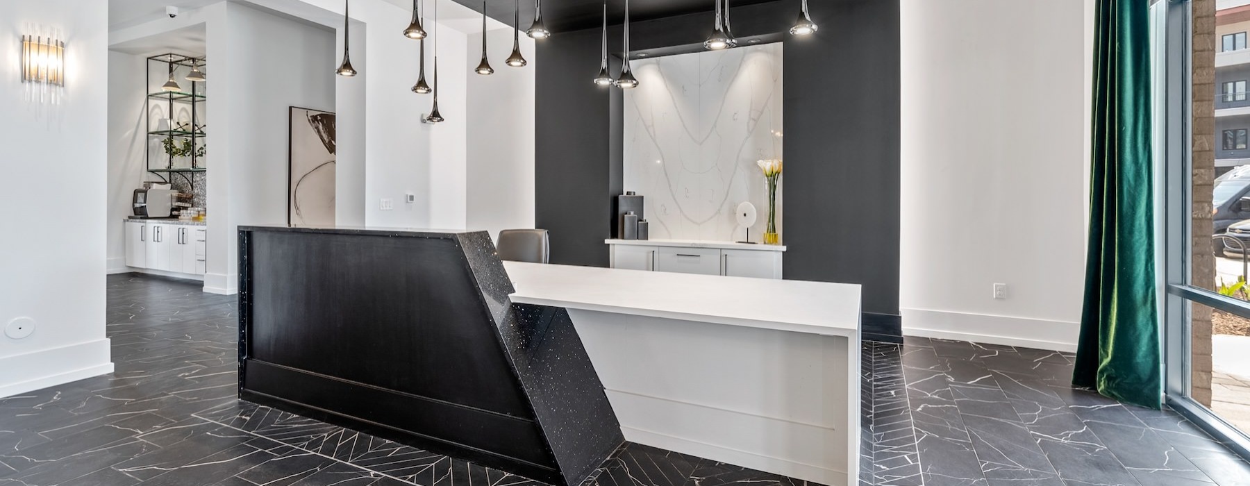 a front desk with a large window