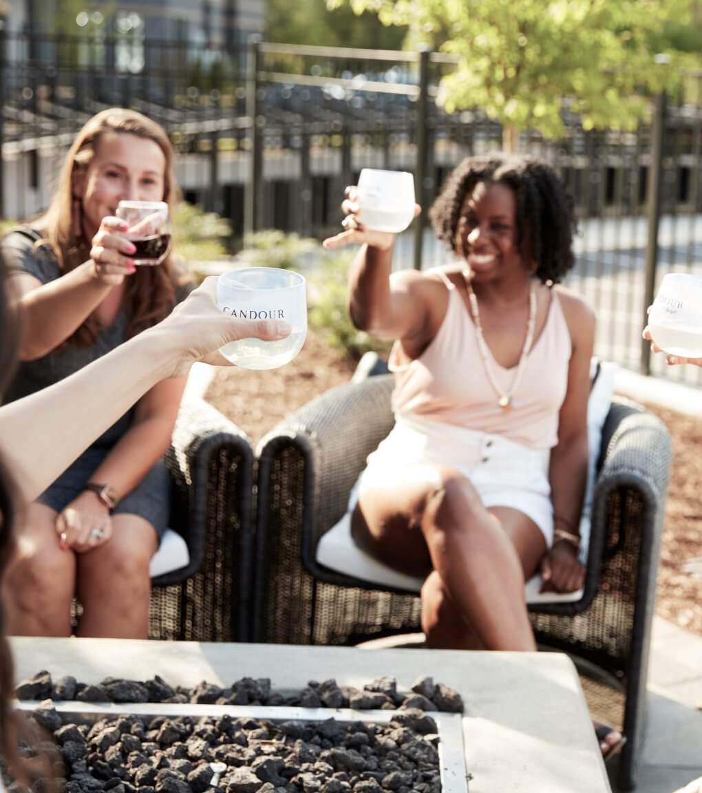 Group toasting by fire pit